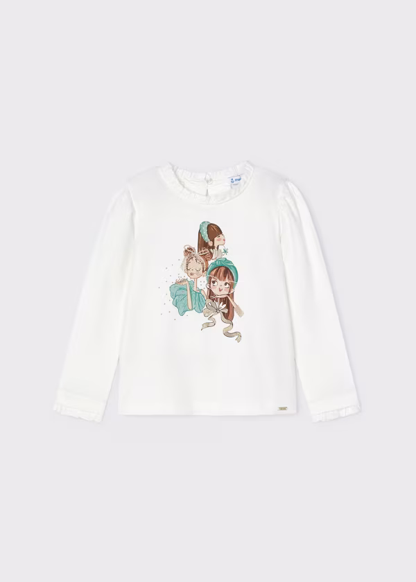 Camiseta dibujo volante cuello niña